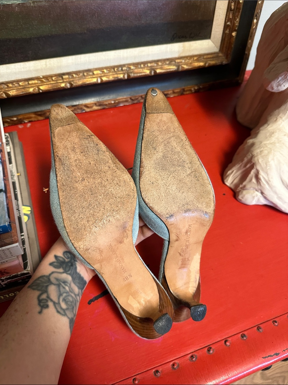 Manolo Blahnik Vintage Light Blue Denim Pointed Toe Mules with Brown Leather Bow - Picture 5 of 8